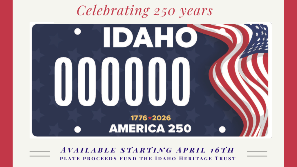 an image of a blue license plate with faint stars in the background, an american flag on the right, and the words 